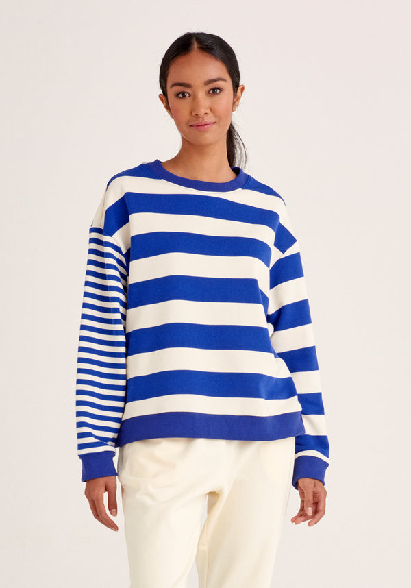 Paisie Contrast Stripe Sweatshirt in Marine Blue and Cream
